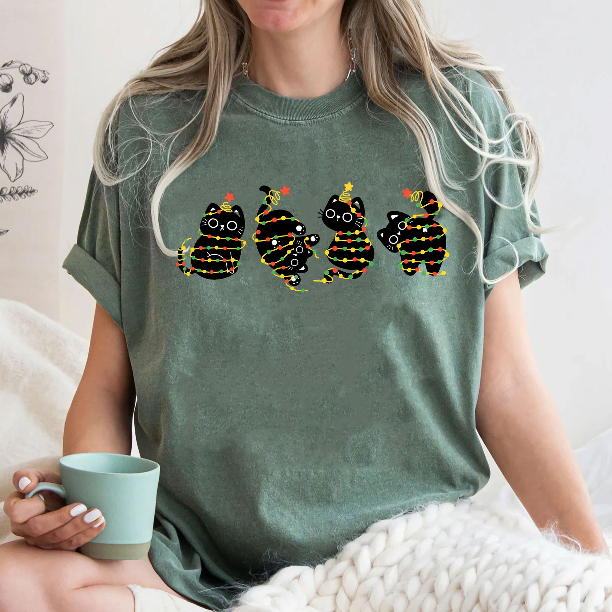 Women’s Festive Black Cat Christmas Lights T-Shirt | Cute Holiday Graphic Tee | Cozy Casual Outfit Perfect for Cat Lovers
 - 3