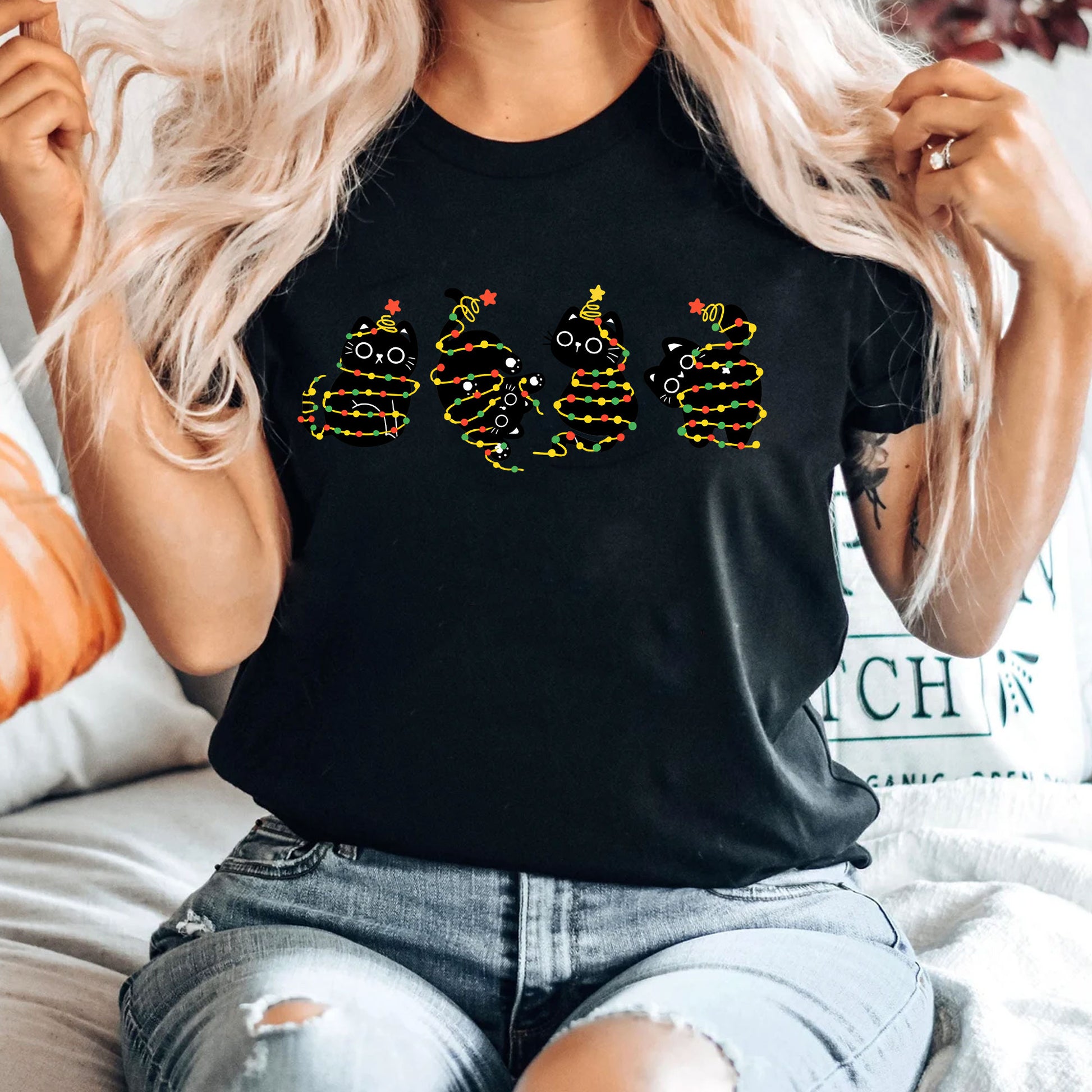 Women’s Festive Black Cat Christmas Lights T-Shirt | Cute Holiday Graphic Tee | Cozy Casual Outfit Perfect for Cat Lovers
 - 4