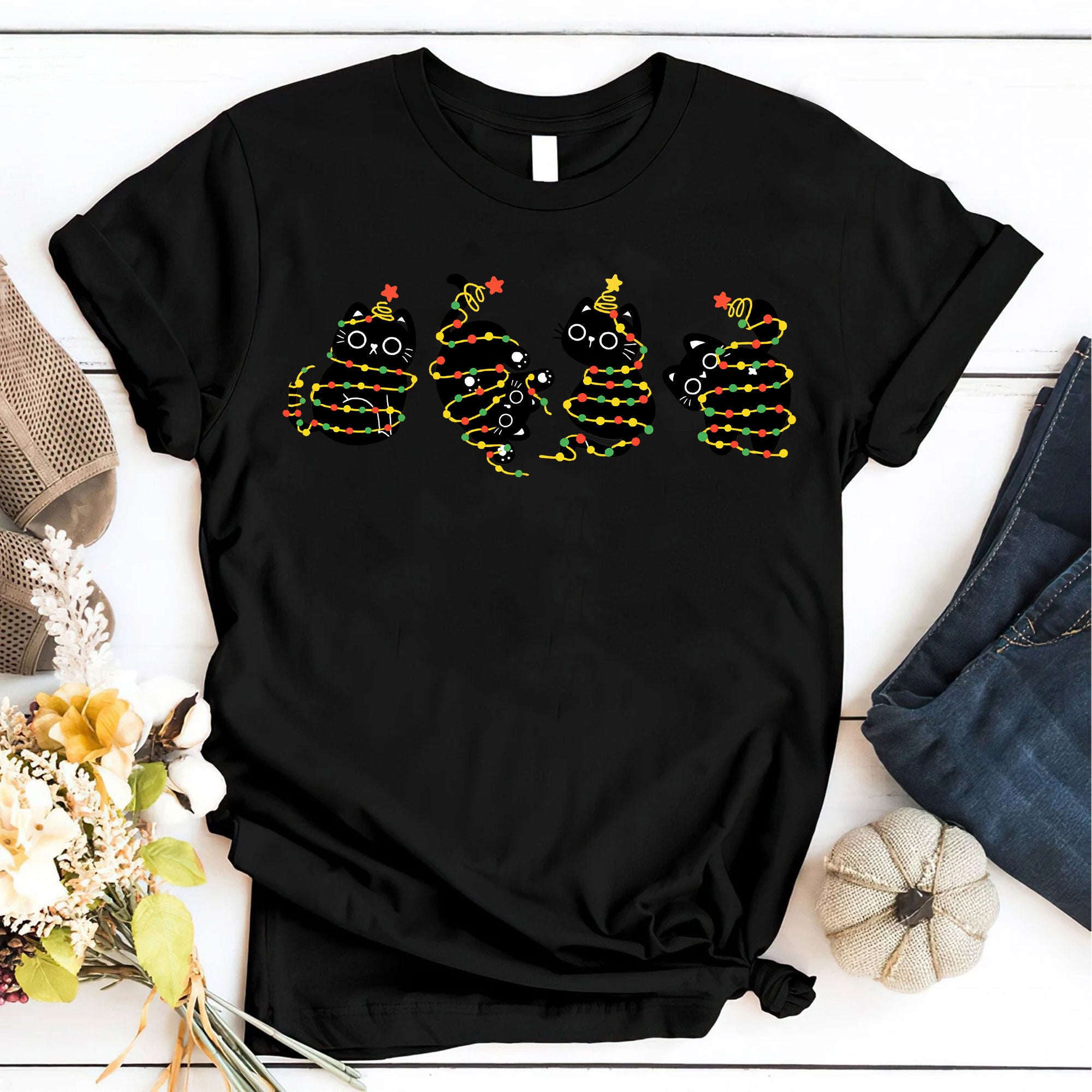 Women’s Festive Black Cat Christmas Lights T-Shirt | Cute Holiday Graphic Tee | Cozy Casual Outfit Perfect for Cat Lovers
 - 6