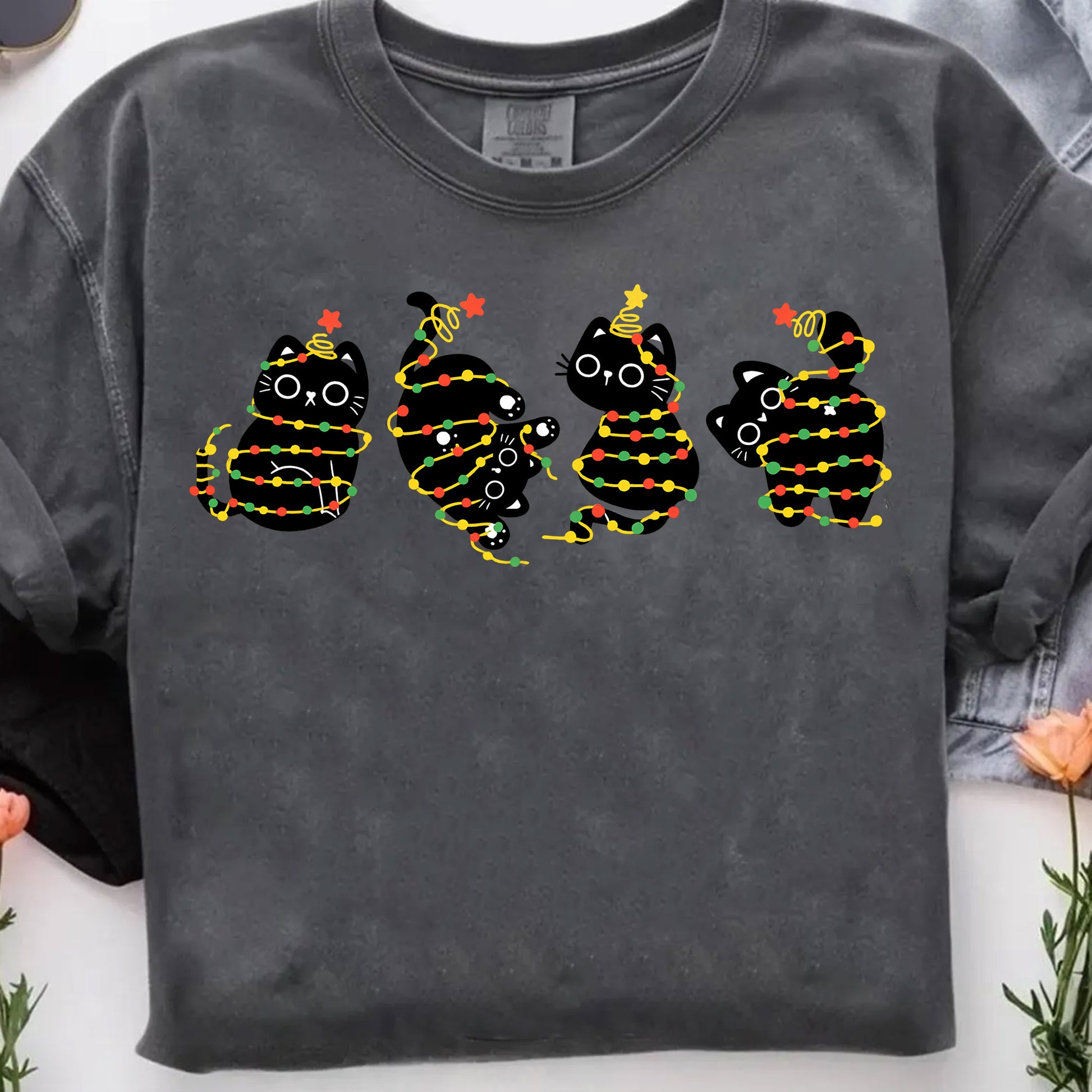 Women’s Festive Black Cat Christmas Lights T-Shirt | Cute Holiday Graphic Tee | Cozy Casual Outfit Perfect for Cat Lovers
 - 7
