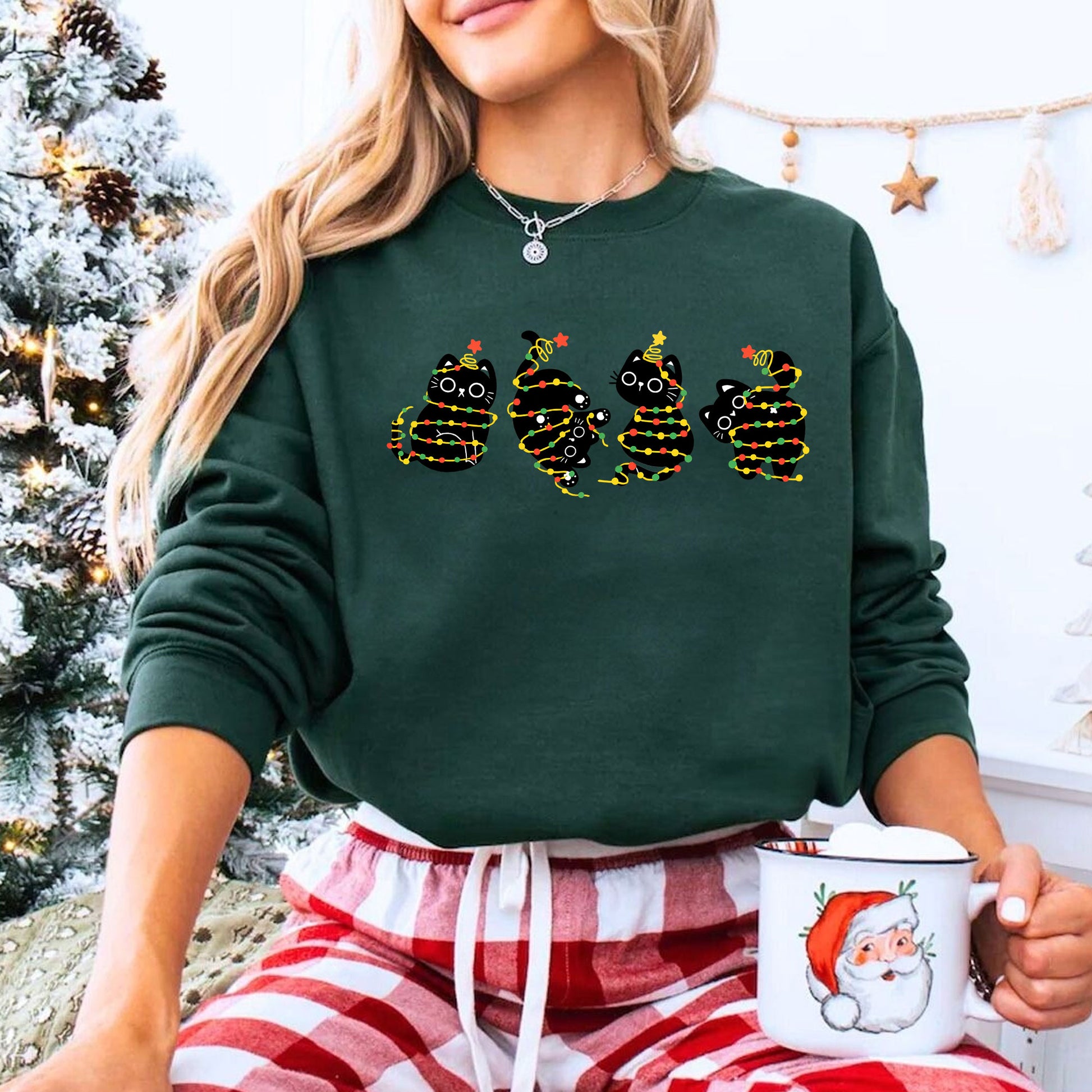 Women’s Festive Black Cat Christmas Lights T-Shirt | Cute Holiday Graphic Tee | Cozy Casual Outfit Perfect for Cat Lovers
 - 8